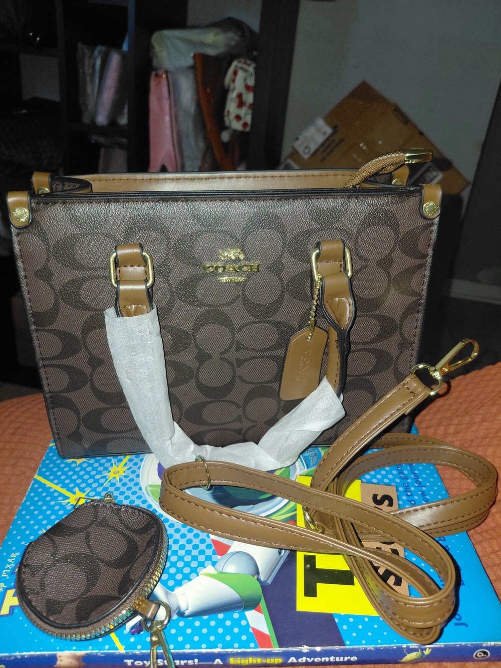 Coach Brown Signature Canvas Satchel with Tan Leather Trim